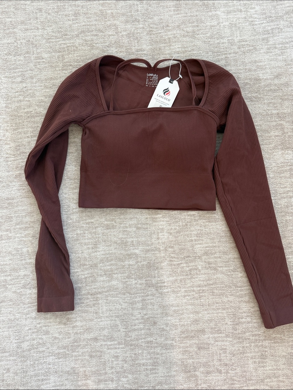 Ribbed Long-Sleeve Crop Top with built in bra in Brown